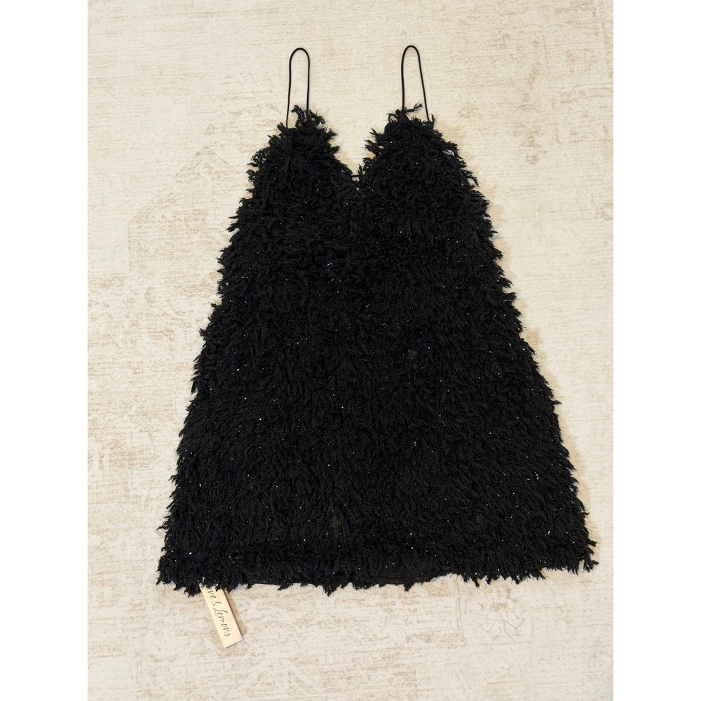For Love & Lemons Black Shaggy Tinsel Mini Dress Backless Party Womens Medium